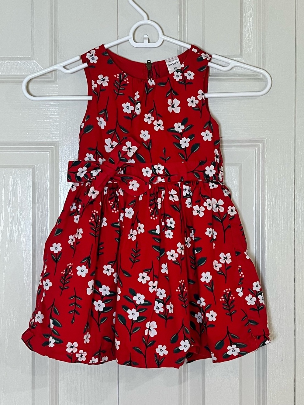 Carter’s Girls Red Floral Bow-Accent Sleeveless Party Dress Zip Back Size 3T